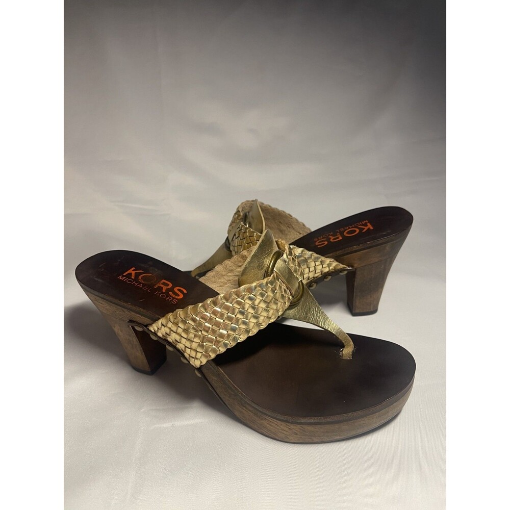 KORS Michael Kors Vintage Woven Gold Wood Heel Wedge Sandals Sz 6 M